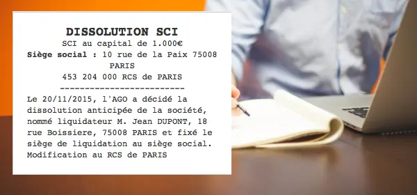 annonce légale dissolution sci